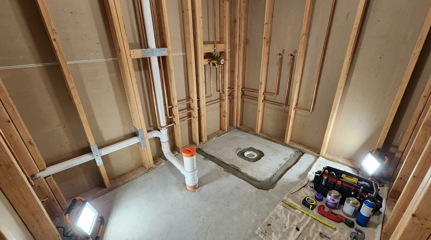 Bathroom rough-in plumbing during remodel by Johns Plumbing LLC in Baldwinville