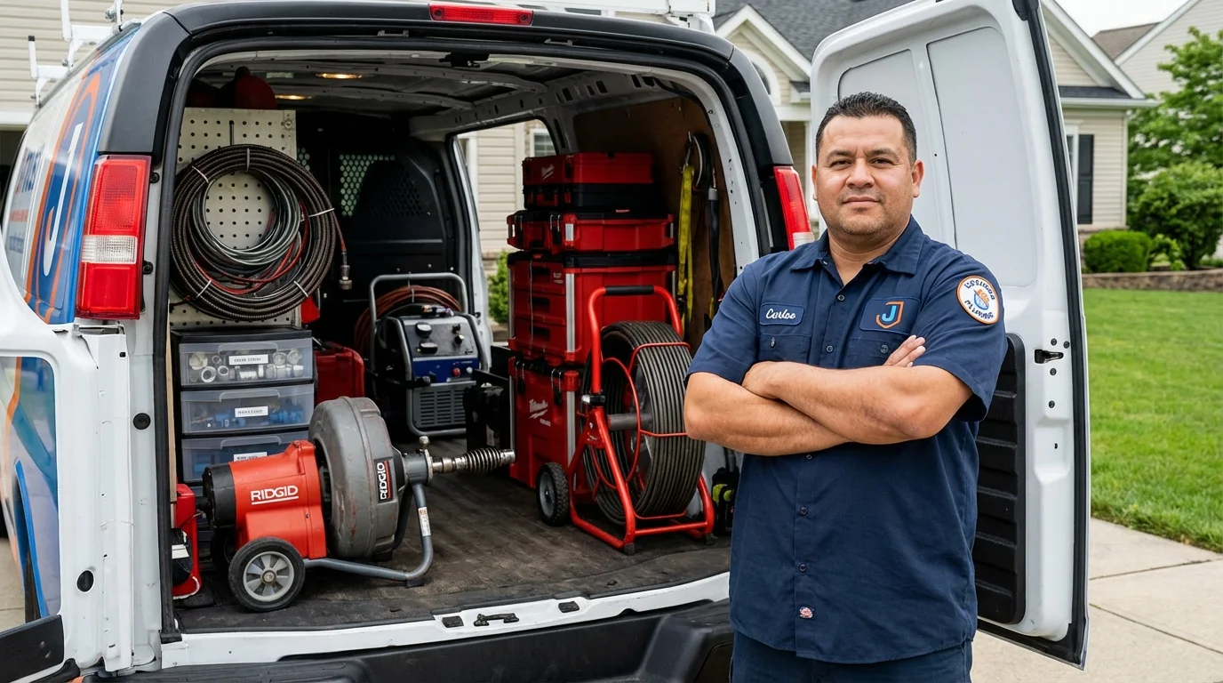 Professional drain cleaning equipment and Johns Plumbing LLC plumber in Baldwinville