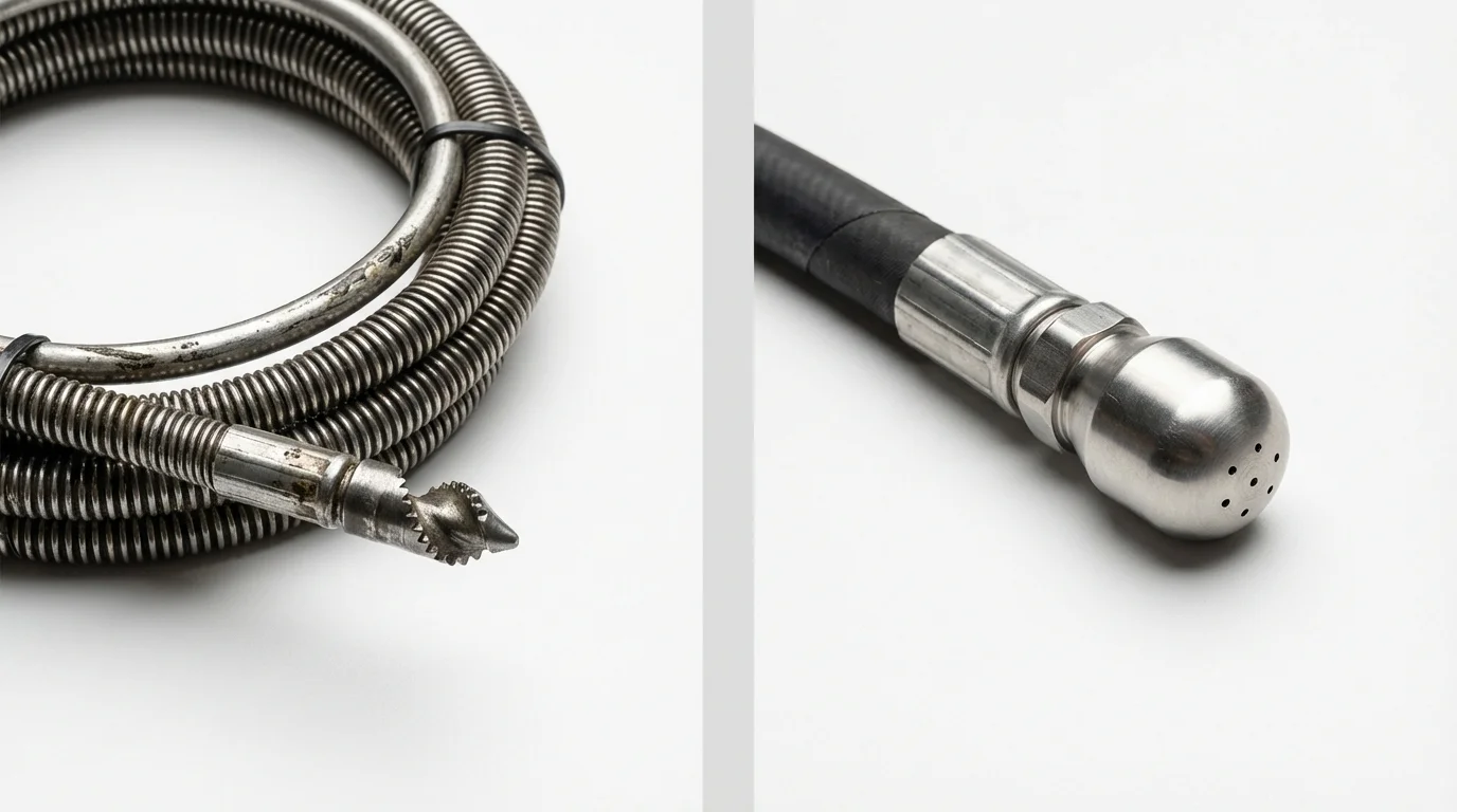 Drain snake cable and hydro jetting nozzle used for drain cleaning in Baldwinville, MA