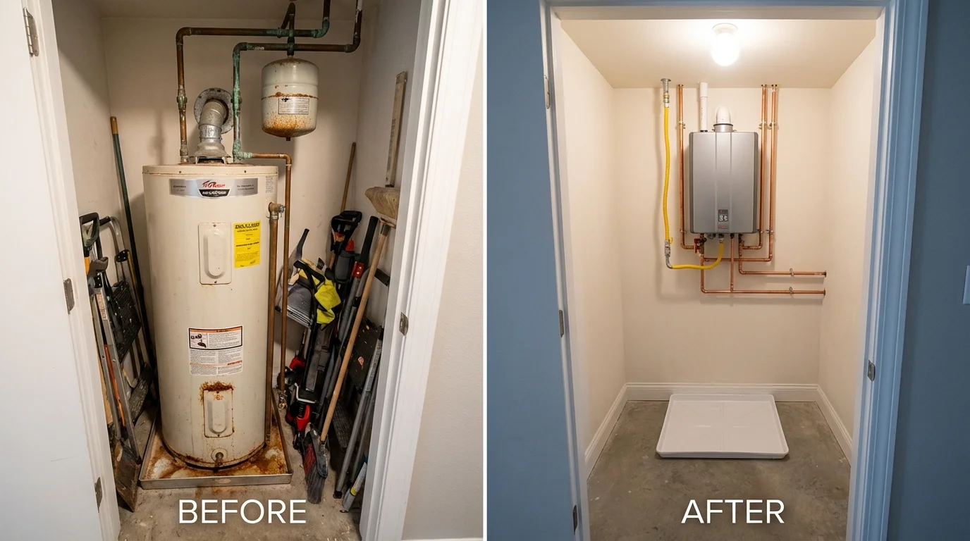Tank water heater versus wall-mounted tankless unit comparison for Baldwinville, MA homeowners