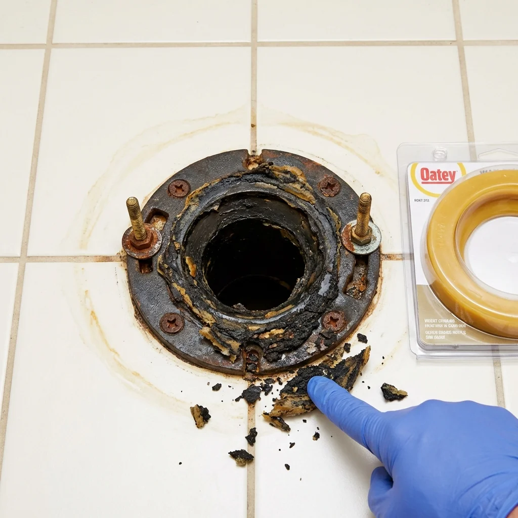 Failed wax ring showing water seepage at the base of a toilet in a Baldwinville, MA home