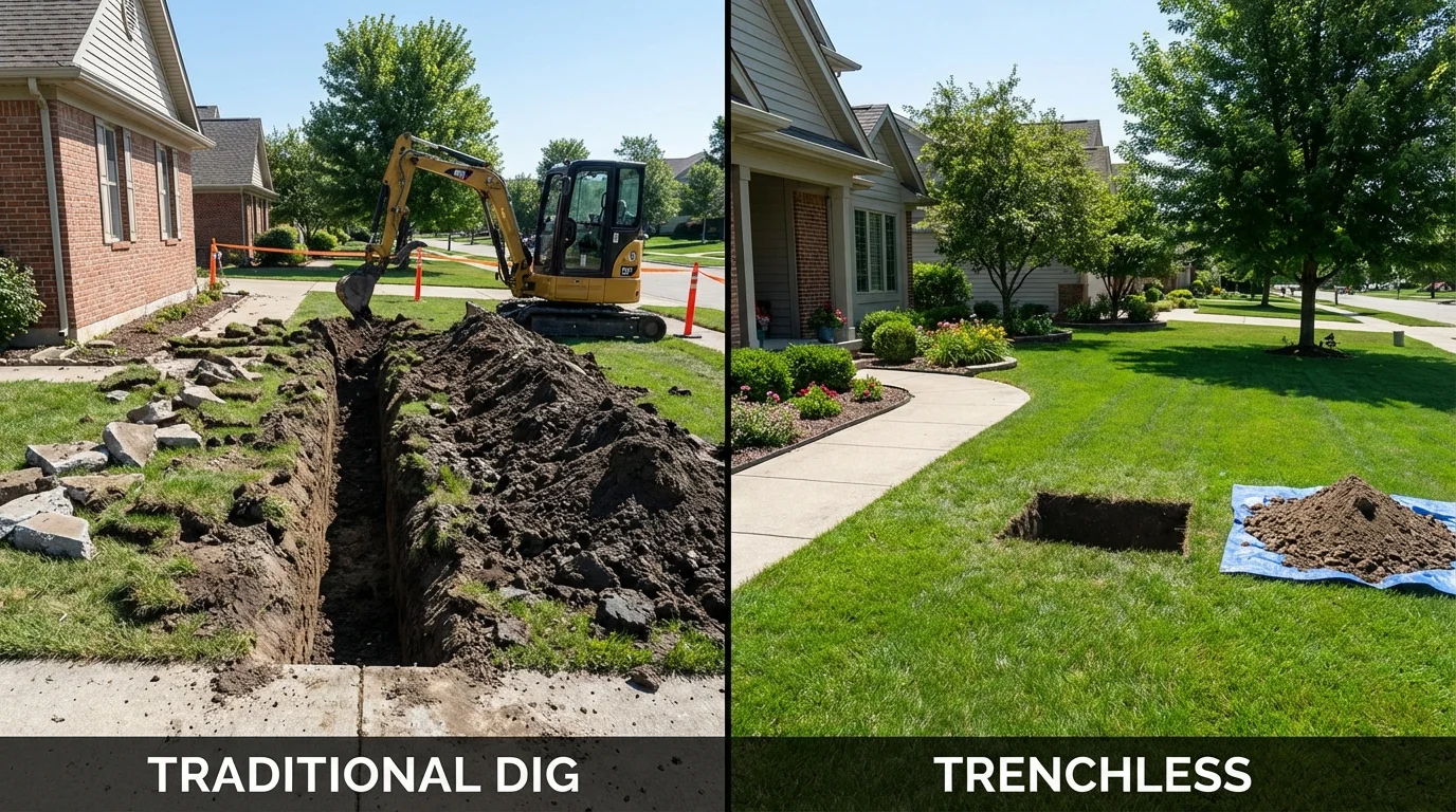 Trenchless sewer repair with minimal yard damage versus traditional excavation in Baldwinville, MA