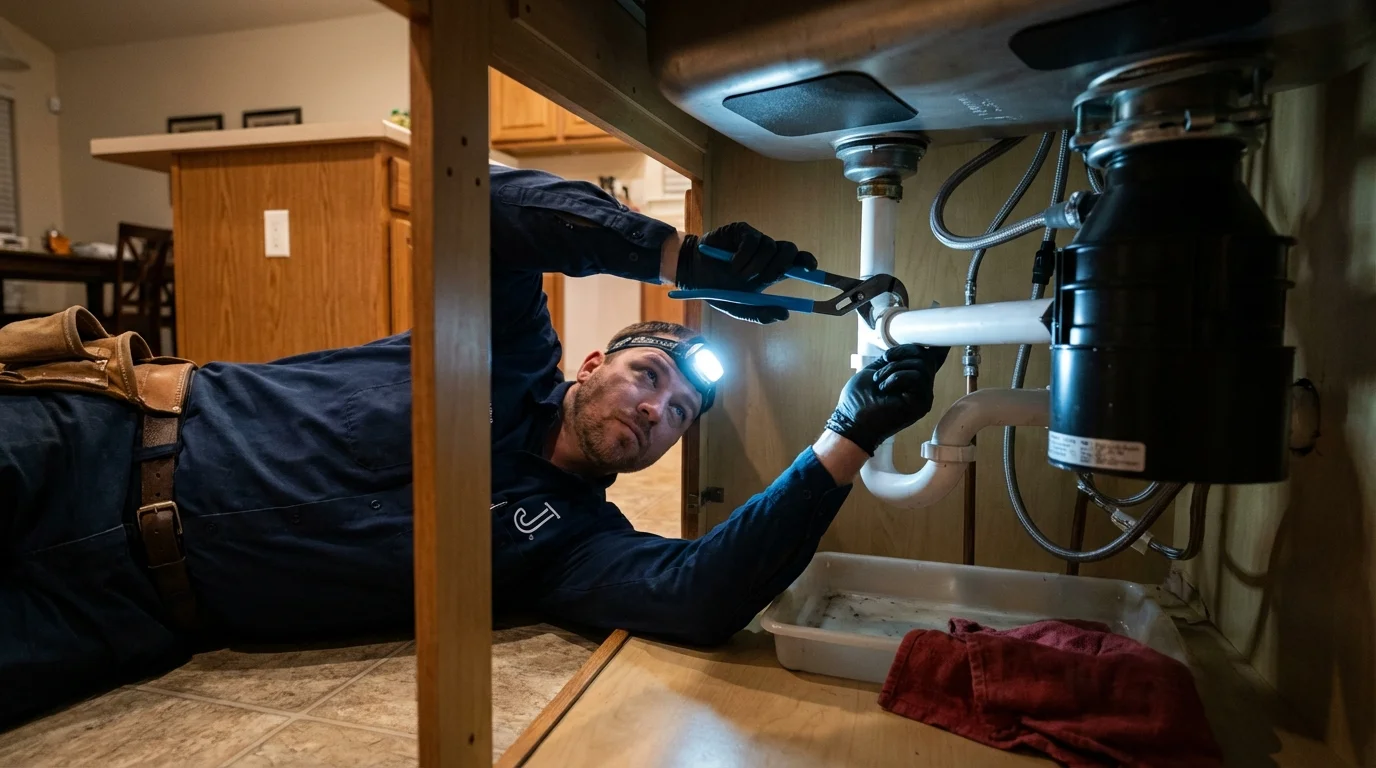 P-trap and supply line connections under a kitchen sink showing a common leak point in Baldwinville, MA